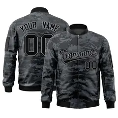 Black Gray Camo Varsity Full-Zip Letterman Bomber Jacket