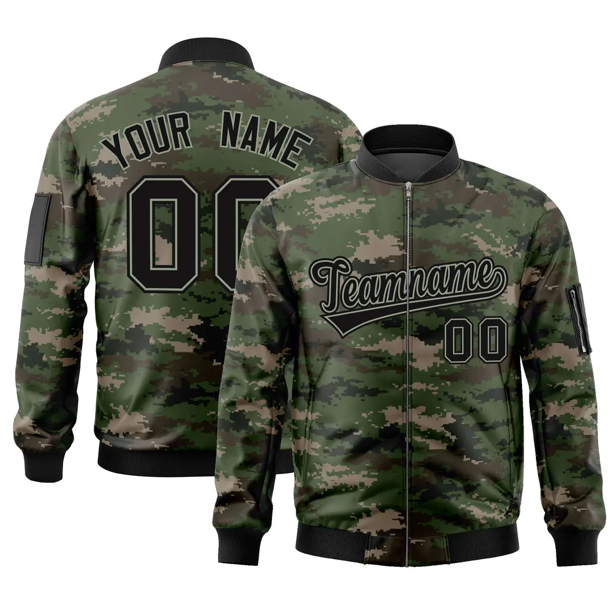 Black Gray Camo Varsity Full-Zip Letterman Bomber Jacket