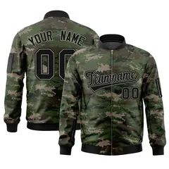 Black Gray Camo Varsity Full-Zip Letterman Bomber Jacket