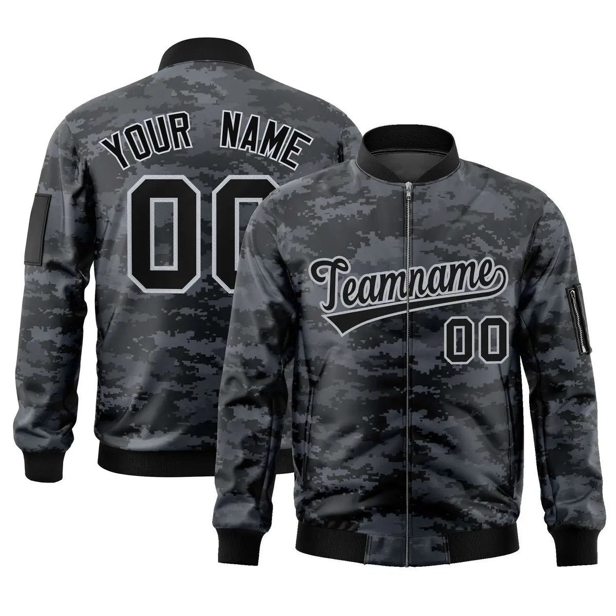 Black Gray Camo Varsity Full-Zip Letterman Bomber Jacket