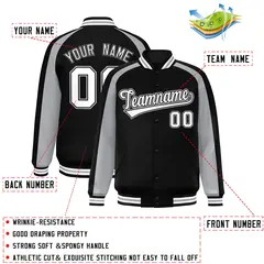 Black Gray Color Block Raglan Varsity Letterman Jacket 2
