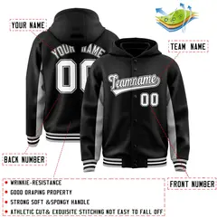 Black Gray Color Block Varsity Letterman Jacket Hoodie 4
