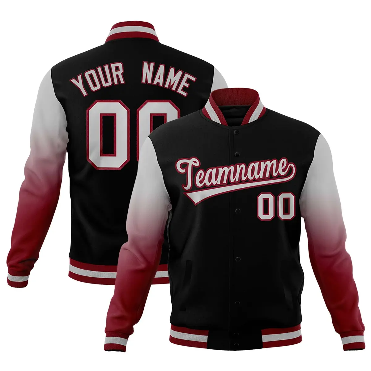Black Gray Crimson Gradient Raglan Varsity Letterman Jacket