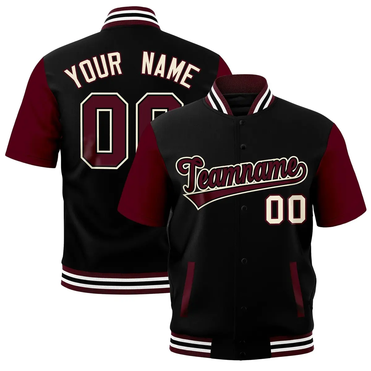 Black Gray Crimson White Full-Snap Short Sleeve Varsity Jacket