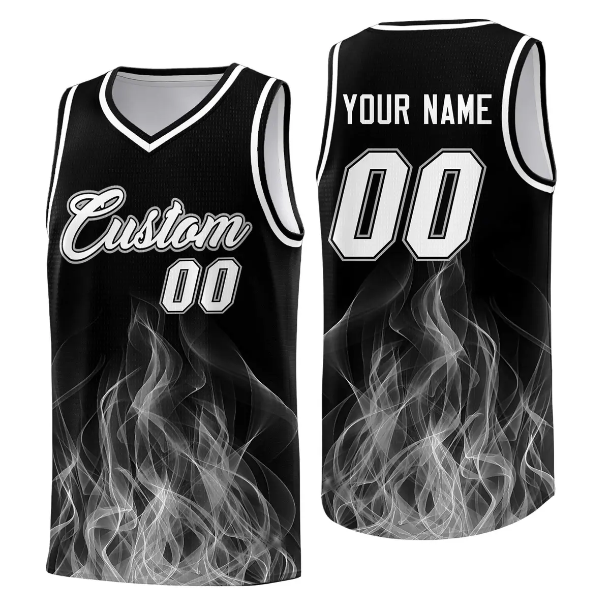 Black Gray Flame Graffiti Breathable Basketball Jersey