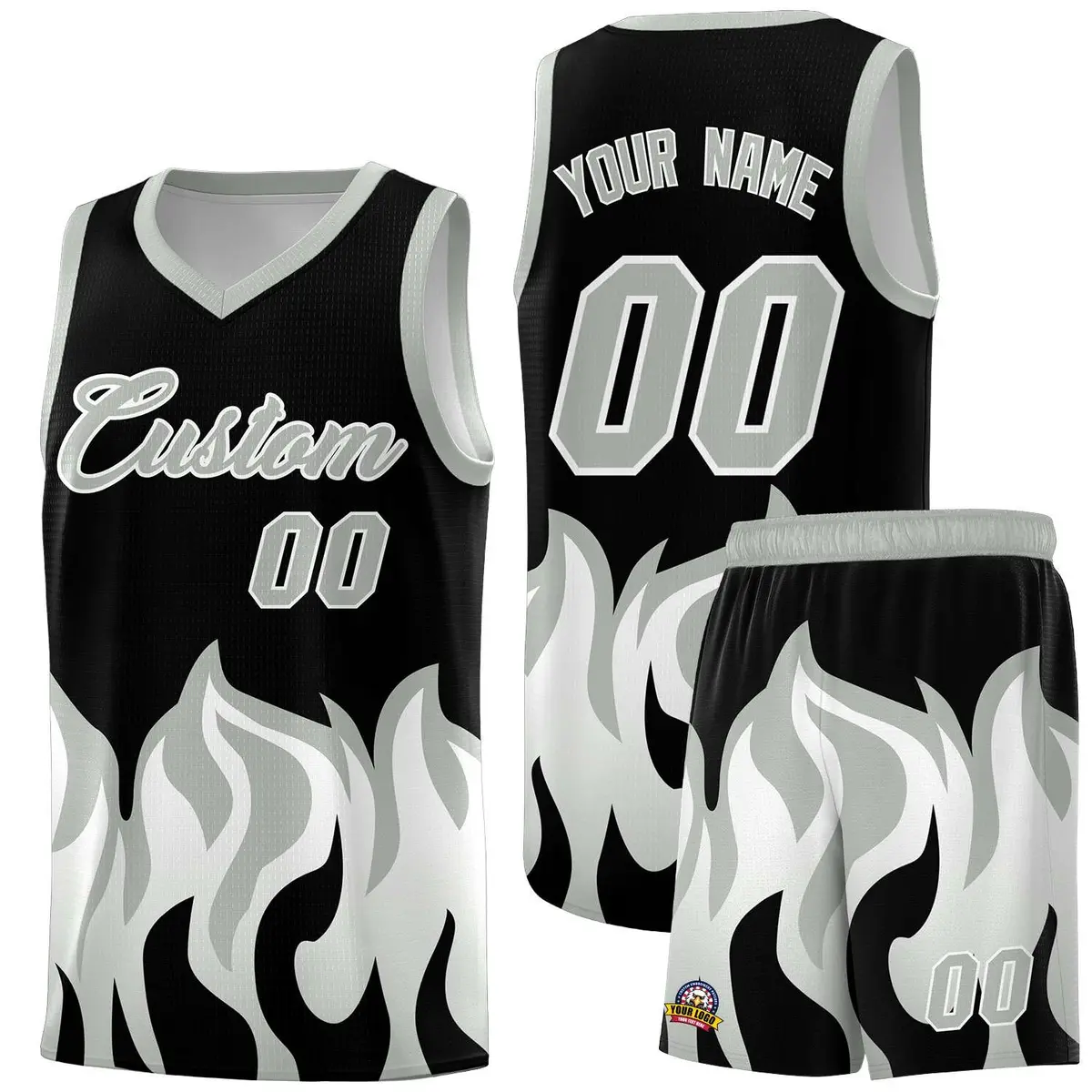 Black Gray Flame Pattern Hem Basketball Jersey