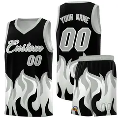 Black Gray Flame Pattern Hem Basketball Jersey