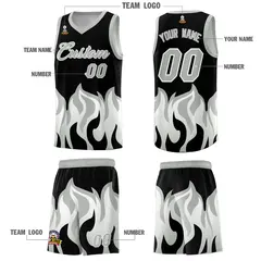 Black Gray Flame Pattern Hem Basketball Jersey 5