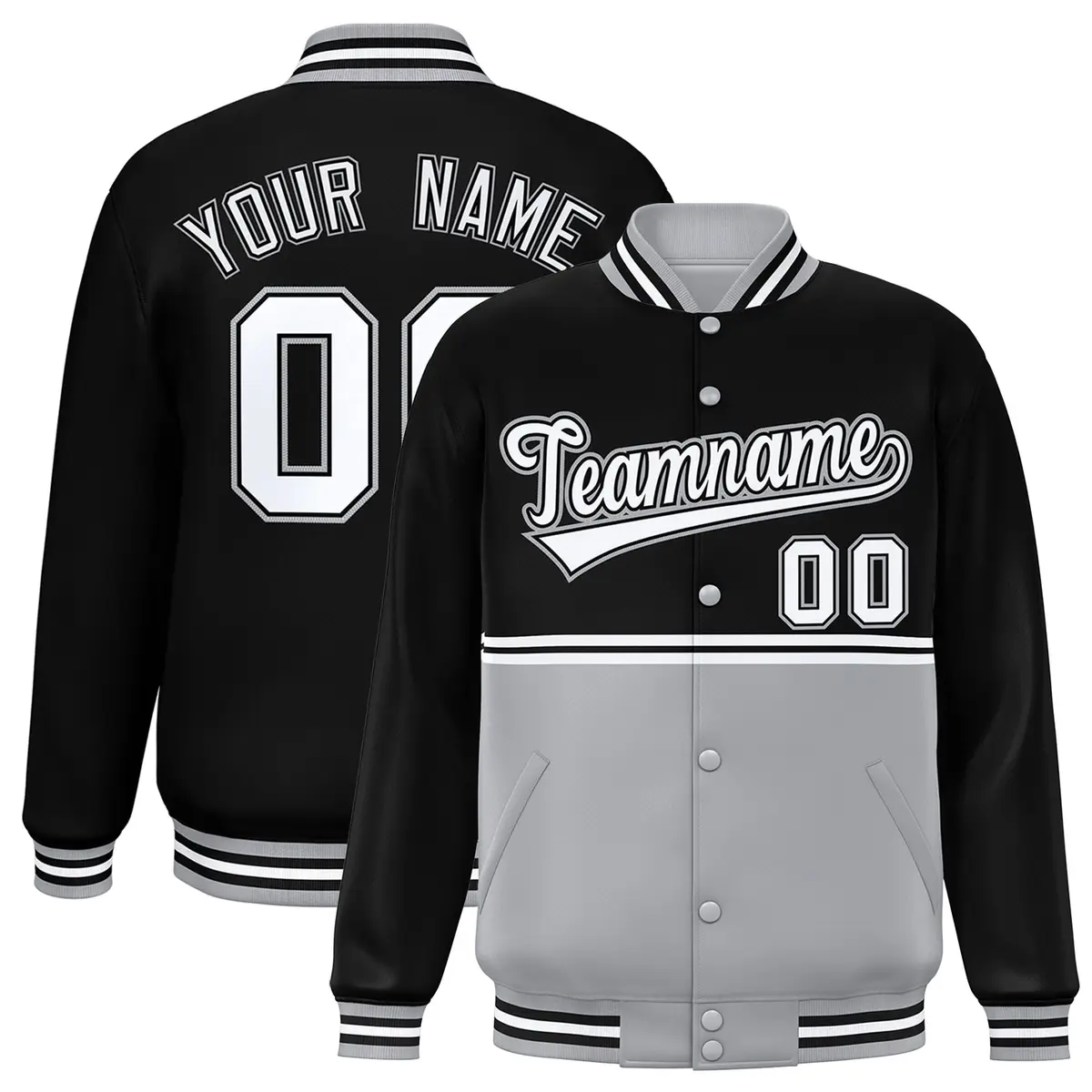 Black Gray Full-Snap Color Block Varsity Letterman Jacket