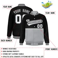 Black Gray Full-Snap Color Block Varsity Letterman Jacket 2
