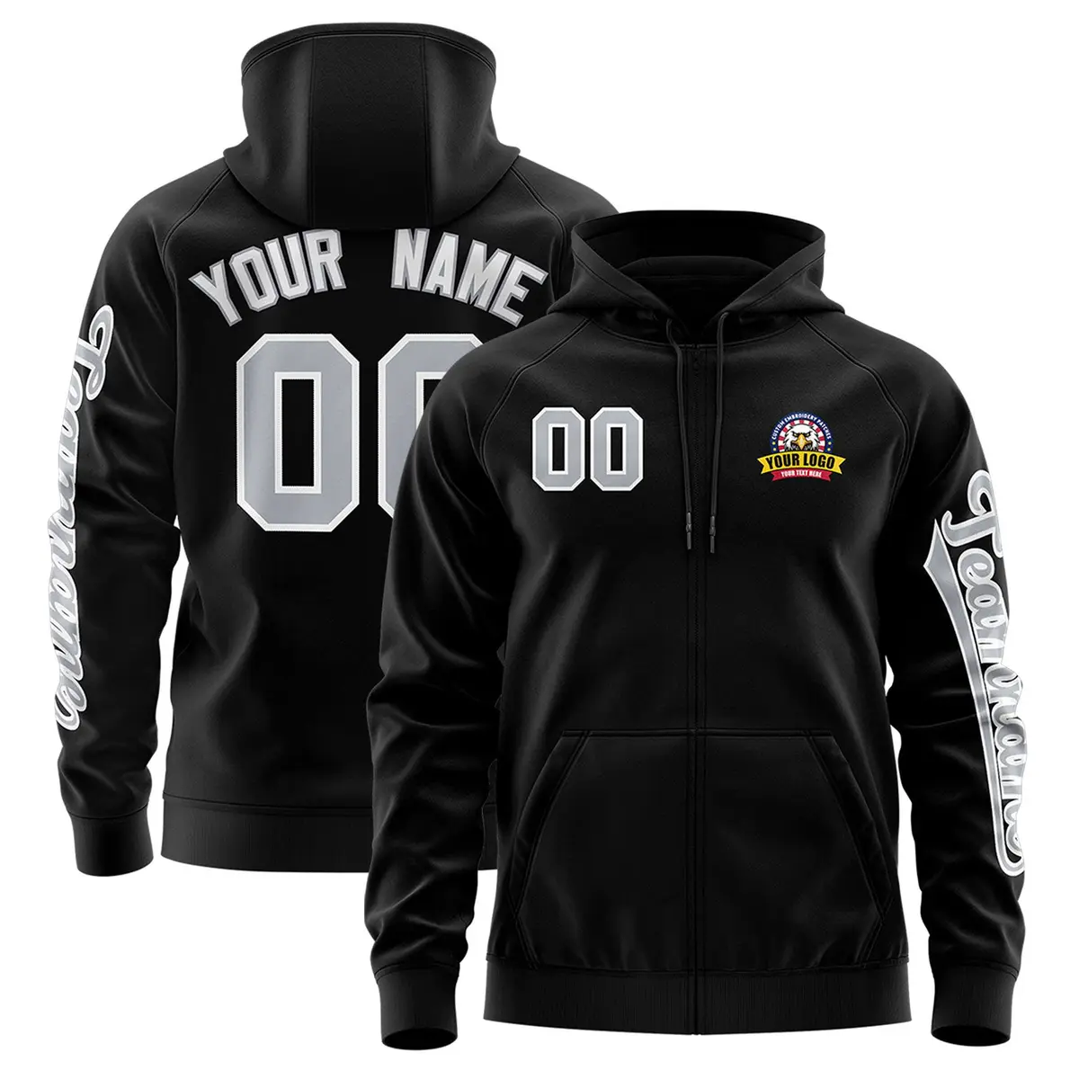 Black Gray Full-Zip Varsity Letterman Classic Jacket Hoodie