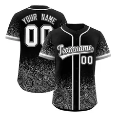 Black Gray Gradient Floral Print Full Button Baseball Jersey