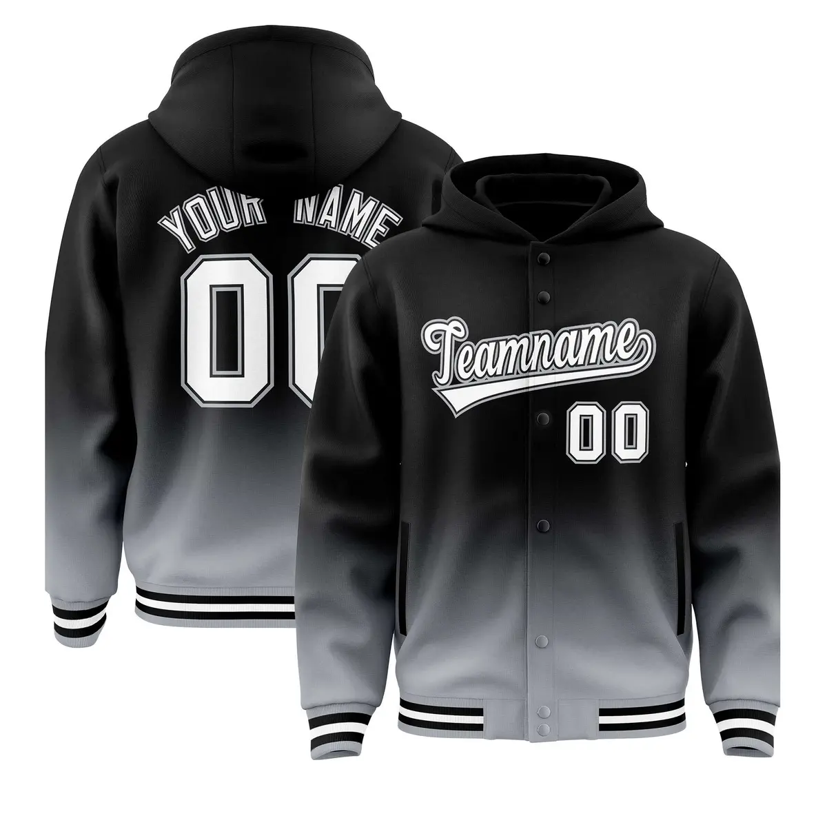 Black Gray Gradient Letterman Varsity Jacket Hoodie