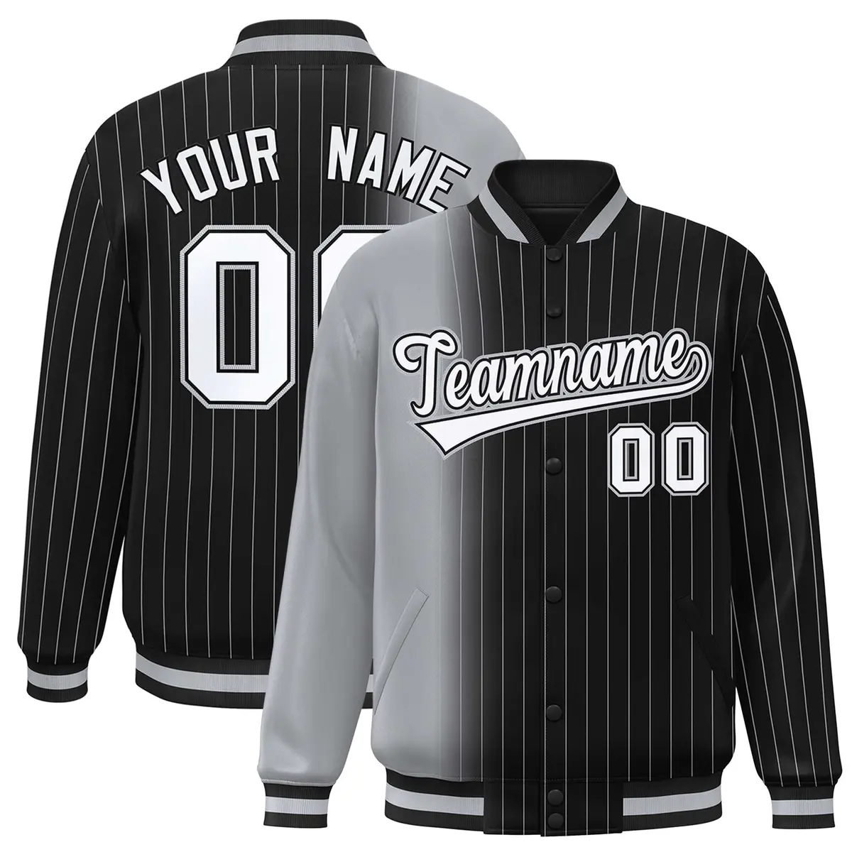 Black Gray Gradient Pinstripe Full-Snap Varsity Baseball Jacket