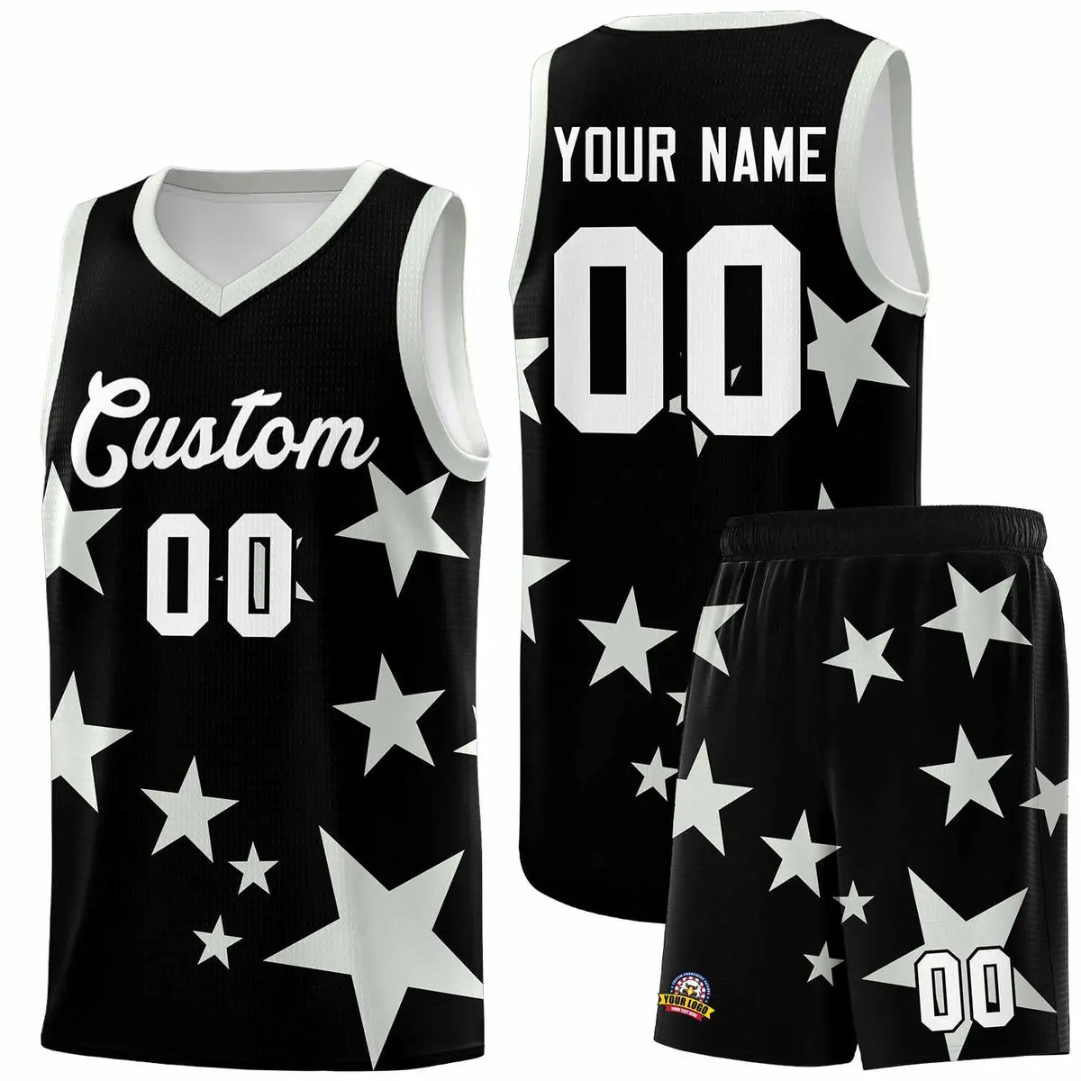 Black Gray Graffiti Star Print Sports Basketball Jersey Sets