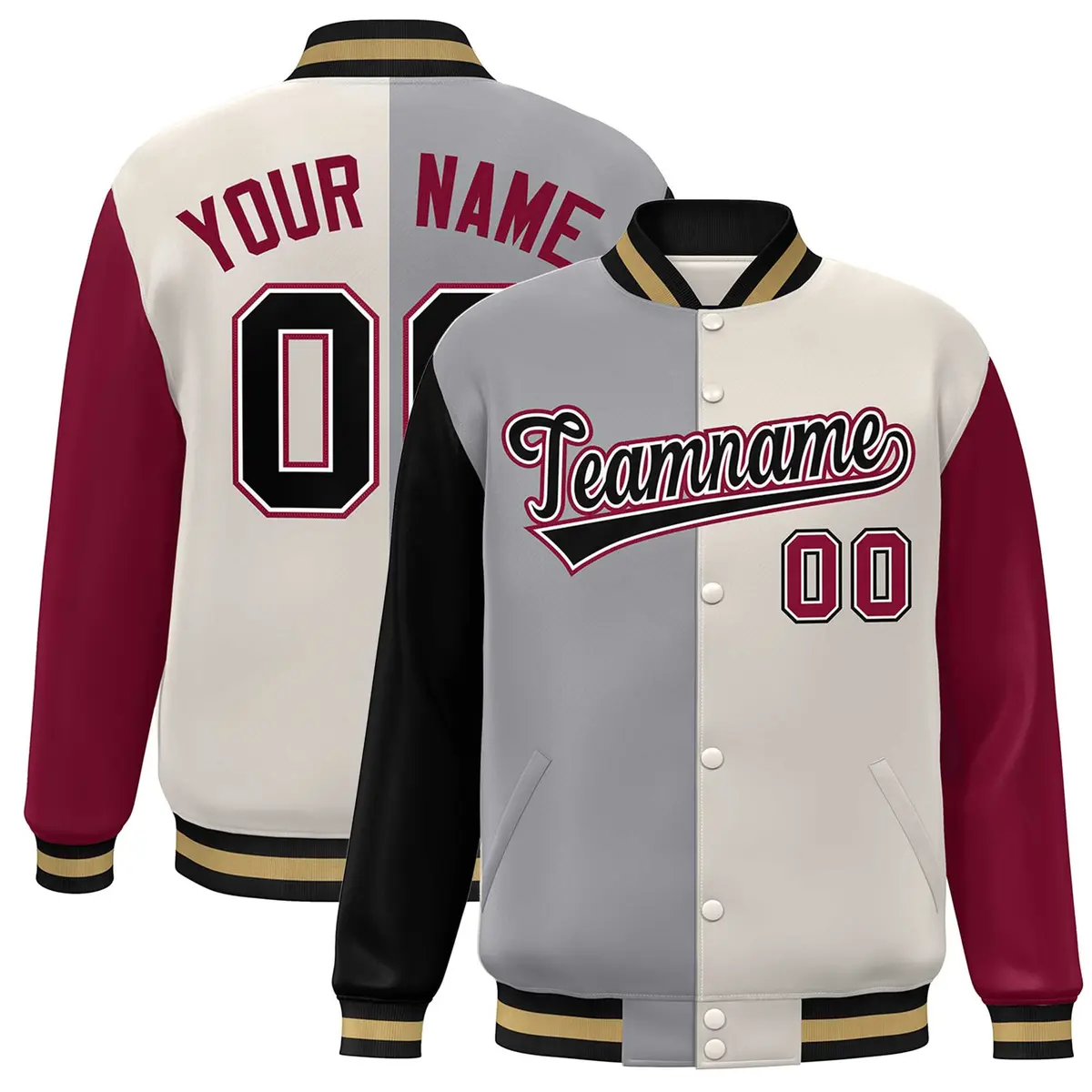 Black Gray Khaki-Crimson Color Block Varsity Bomber Jacket