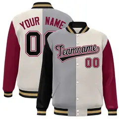 Black Gray Khaki-Crimson Color Block Varsity Bomber Jacket