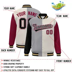 Black Gray Khaki-Crimson Color Block Varsity Bomber Jacket 2