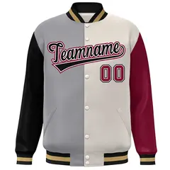 Black Gray Khaki-Crimson Color Block Varsity Bomber Jacket 3