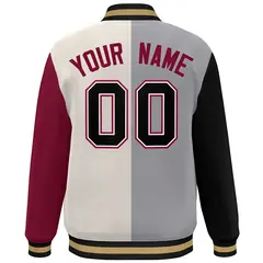 Black Gray Khaki-Crimson Color Block Varsity Bomber Jacket 4