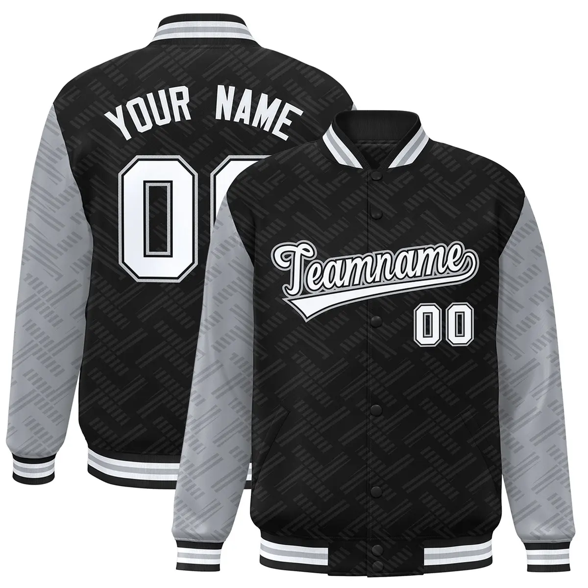Black Gray L Pattern Raglan Full-Snap Varsity Letterman Jacket