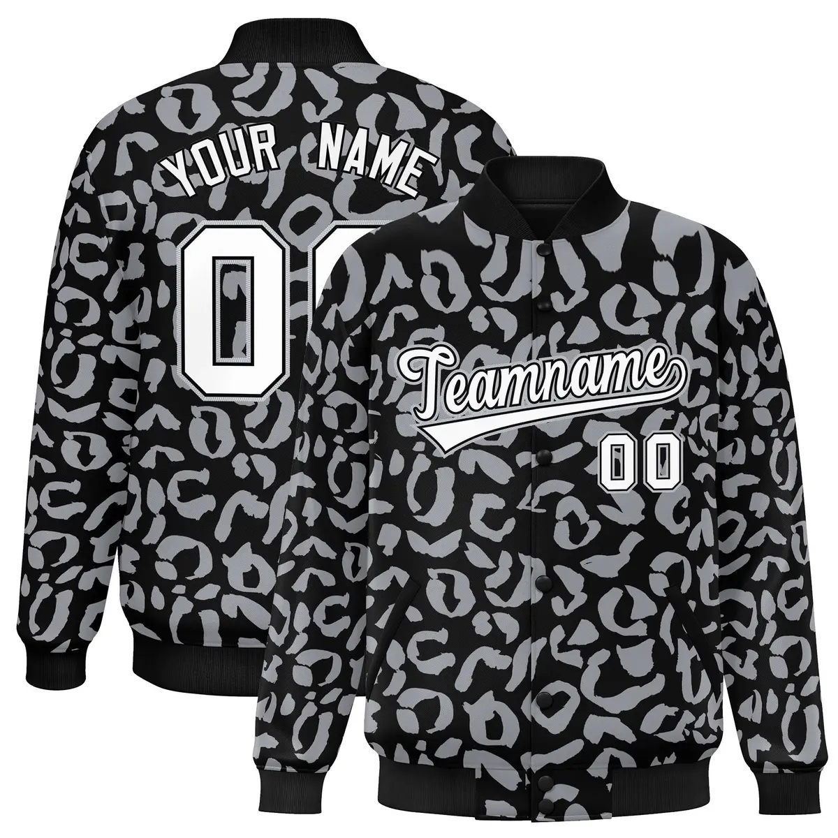 Black Gray Leopard Graffiti Varsity Letterman Baseball Jacket