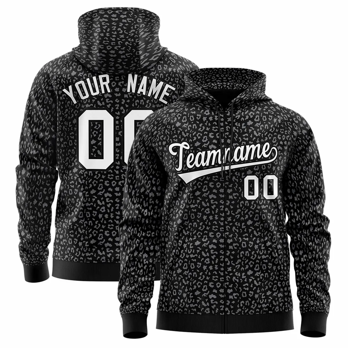 Black Gray Leopard Print Varsity Full-Zip Letterman Jacket Hoodie