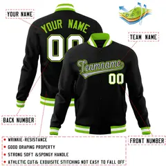 Black Gray-Neon Green Varsity Full-Snap Letterman Jacket 4