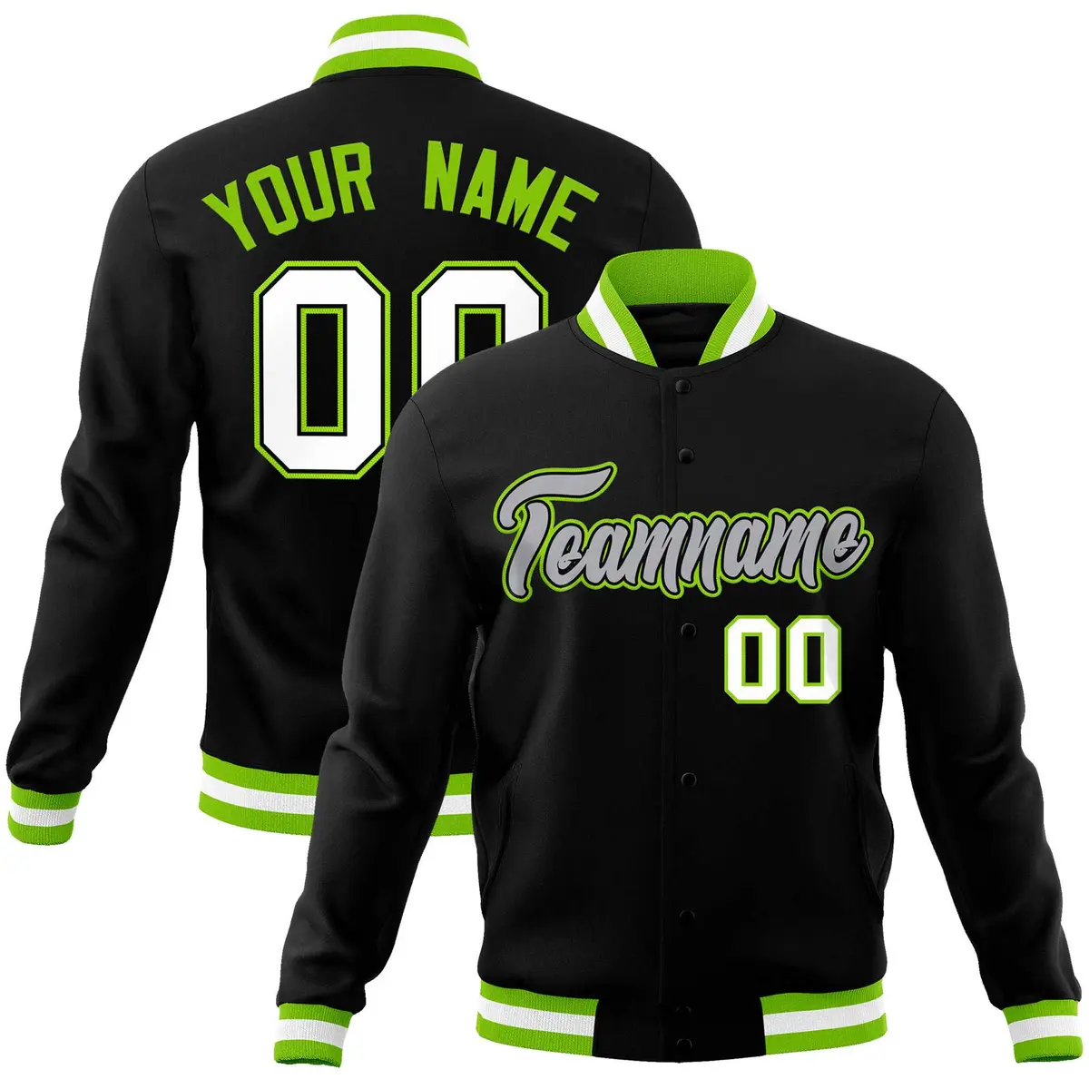 Black Gray-Neon Green Varsity Full-Snap Letterman Jacket