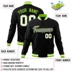 Black Gray-Neon Green Varsity Full-Snap Letterman Jacket 4