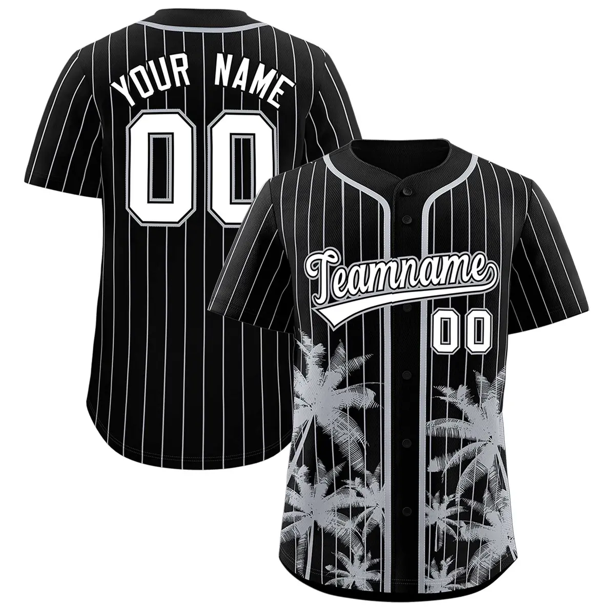 Black Gray Pinstripe Coconut Tree Baseball Jersey