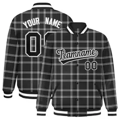 Black Gray Plaid Pattern Varsity Letterman Baseball Jacket 1