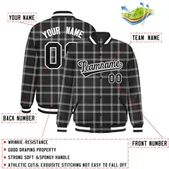 Black Gray Plaid Pattern Varsity Letterman Baseball Jacket 2