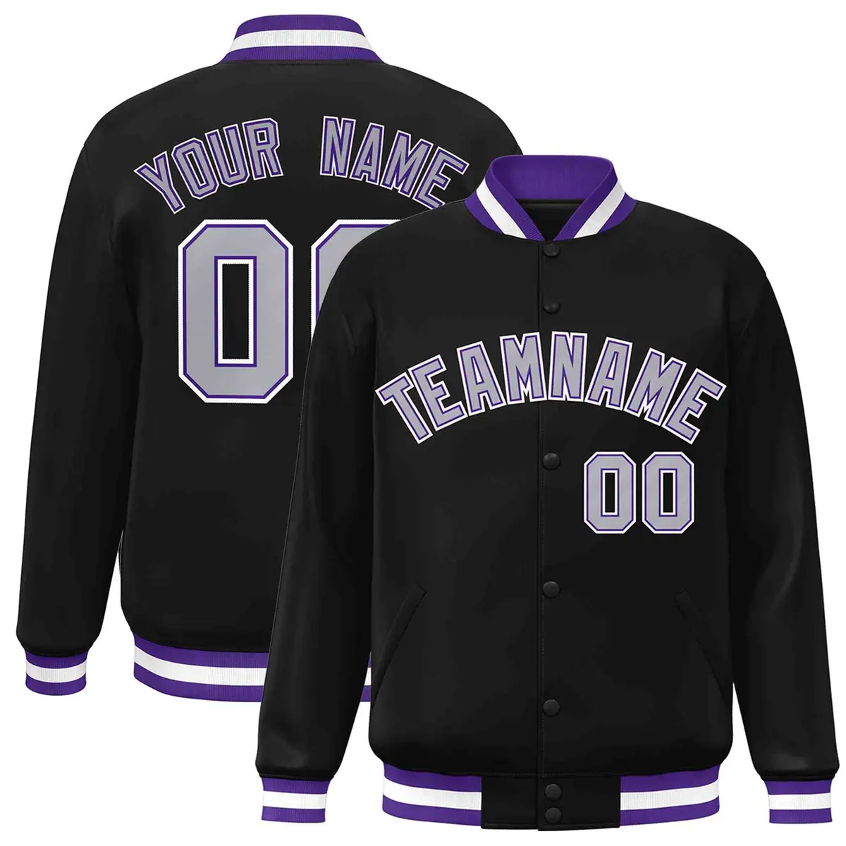 Black Gray-Purple Classic Varsity Full-Snap Letterman Jacket