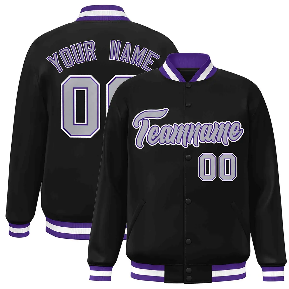 Black Gray-Purple Classic Varsity Full-Snap Letterman Jacket