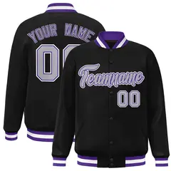 Black Gray-Purple Classic Varsity Full-Snap Letterman Jacket 1