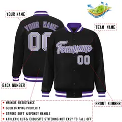Black Gray-Purple Classic Varsity Full-Snap Letterman Jacket 2