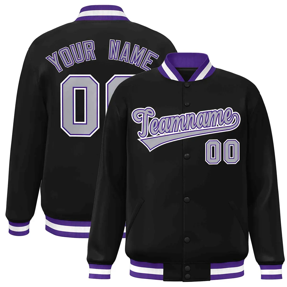 Black Gray-Purple Classic Varsity Full-Snap Letterman Jacket