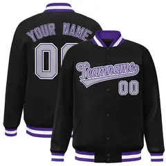 Black Gray-Purple Classic Varsity Full-Snap Letterman Jacket 1