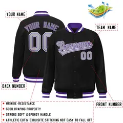 Black Gray-Purple Classic Varsity Full-Snap Letterman Jacket 2
