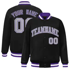 Black Gray-Purple Classic Varsity Full-Snap Letterman Jacket 1