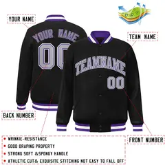 Black Gray-Purple Classic Varsity Full-Snap Letterman Jacket 2