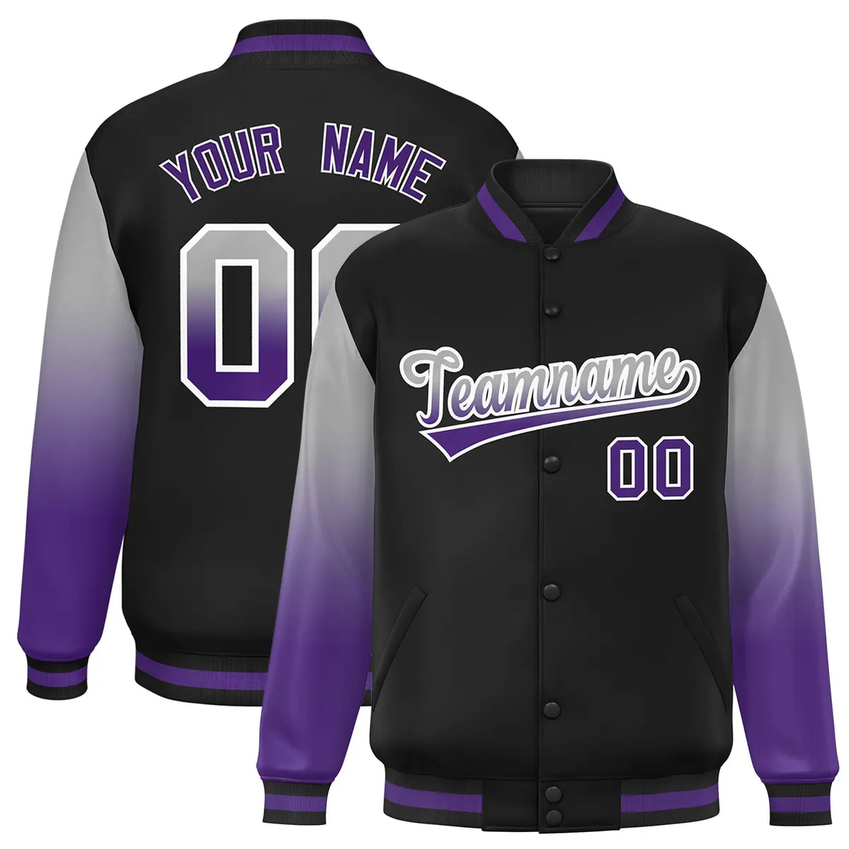 Black Gray-Purple Gradient Varsity Full-Snap Raglan Baseball Jacket