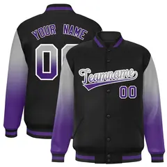 Black Gray-Purple Gradient Varsity Full-Snap Raglan Baseball Jacket