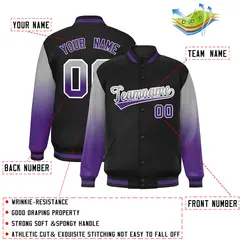 Black Gray-Purple Gradient Varsity Full-Snap Raglan Baseball Jacket 2