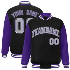 Black Gray Purple Raglan Varsity Full-Snap Letterman Jacket