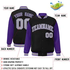 Black Gray Purple Raglan Varsity Full-Snap Letterman Jacket 2