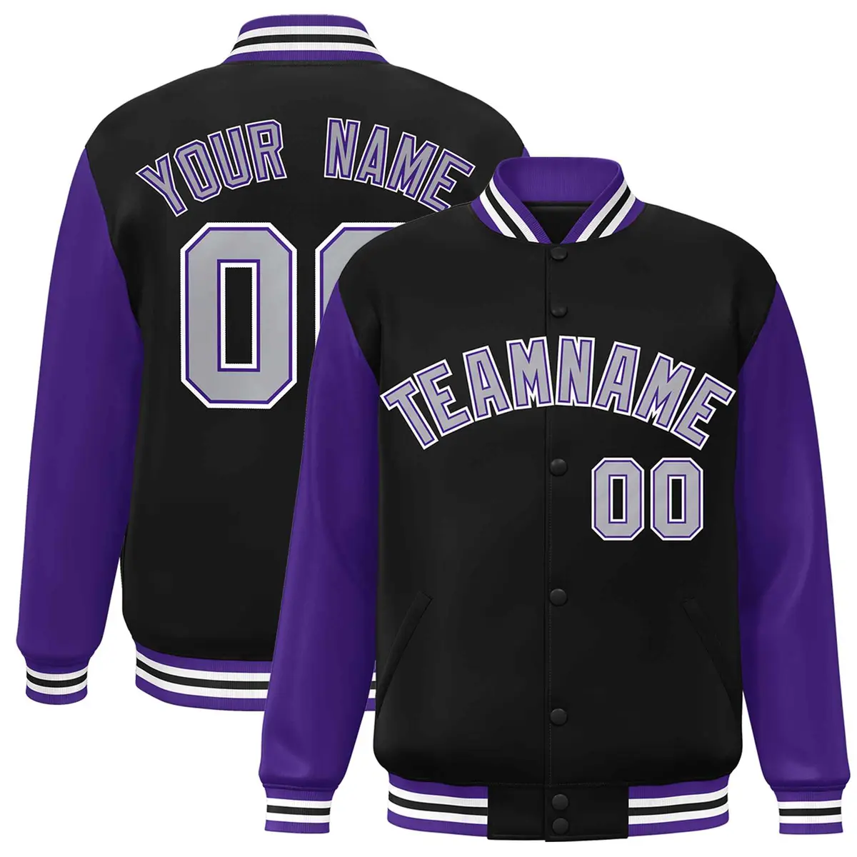 Black Gray Purple Raglan Varsity Full-Snap Letterman Jacket