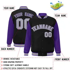 Black Gray Purple Raglan Varsity Full-Snap Letterman Jacket 2