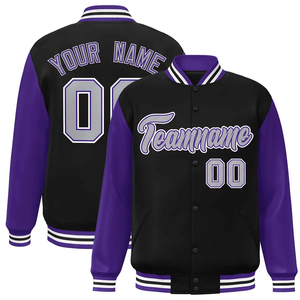 Black Gray Purple Raglan Varsity Full-Snap Letterman Jacket